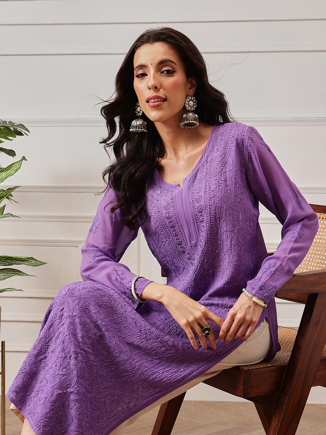 Ada Hand Embroidered Lucknowi Chikankari Viscose Georgette Kurta Kurti for Women A411332 Mauve (3XL)