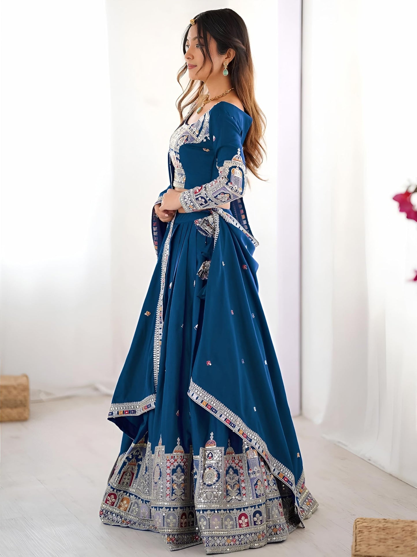 Zeel Clothing Women's Sequins Thread Embroidered French Crepe Lehenga Choli With Dupatta (5118-Dove-Blue-Women-Lehenga-Choli; Free size) (Dove Blue)