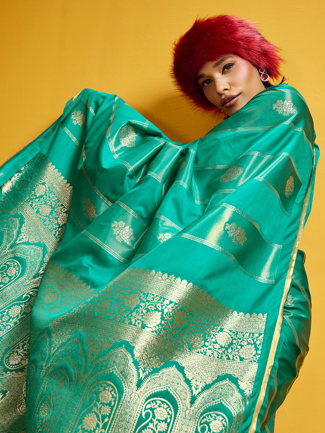AKHILAM Women's Teal green Satin Ethnic Motif Print Tassels and Latkans Saree With Unstitched Blouse Piece | saree for woman | Designer Saree for Women