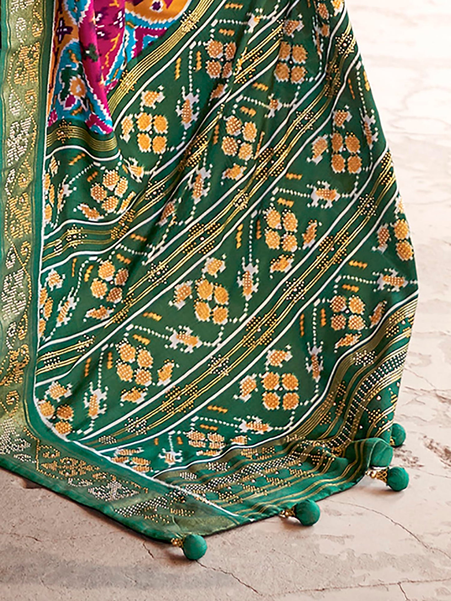 SAREE MALL Women's Embellished Ikat Print Silk Blend Saree with Unstitched Blouse Piece (Multicolored_PATOLA347_RW)