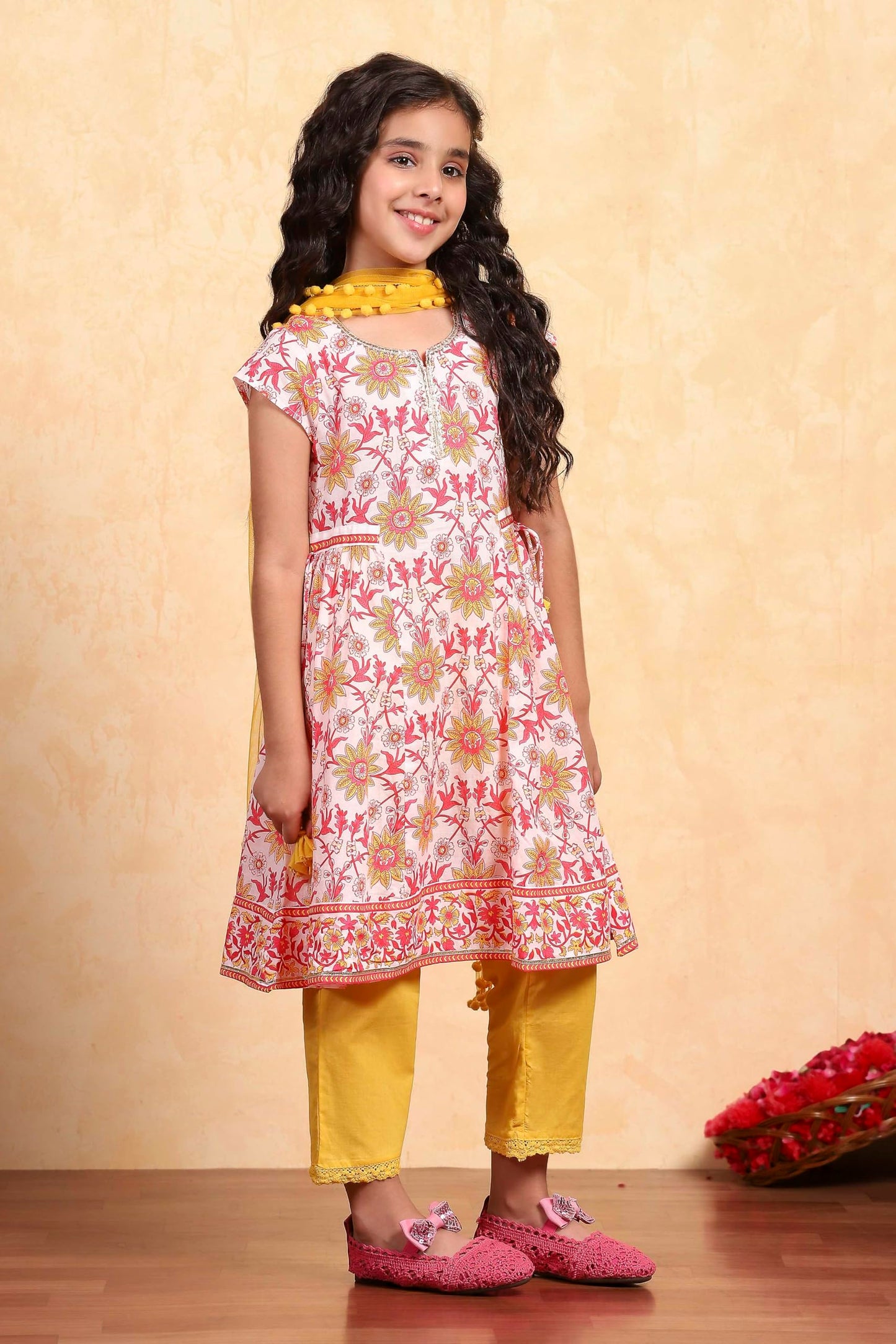 Biba Girl's White Cotton Flared Printed Suit Set