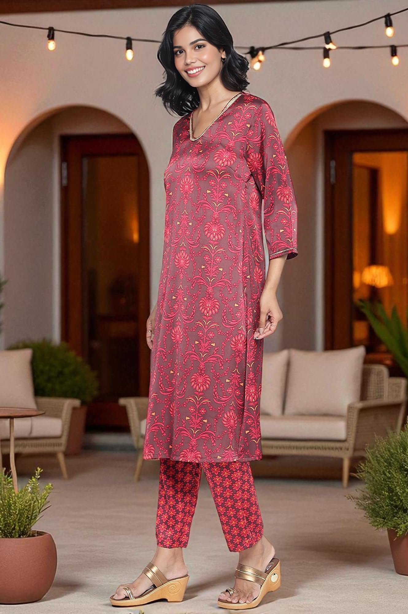 W for Woman Chocolate Brown Printed Japanese Satin A-Line Kurta, Straight Pant and Dupatta Set (Size: XL)-WS13201-126211