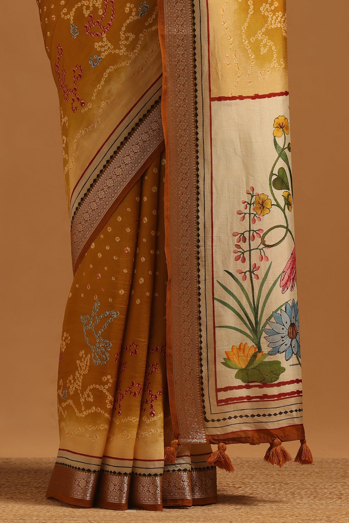 Soch Womens Gold Poly Viscose Bandhani Saree