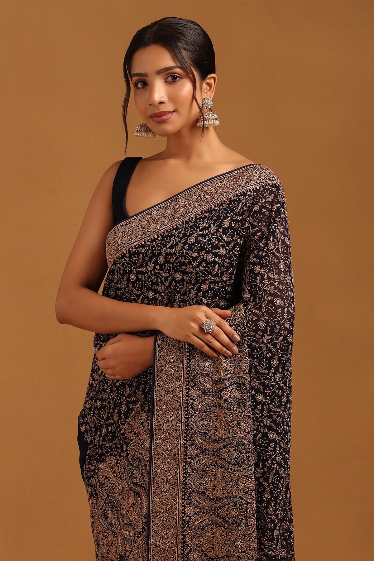 Soch Womens Navy Blue Georgette Botanical Saree With Stone Work