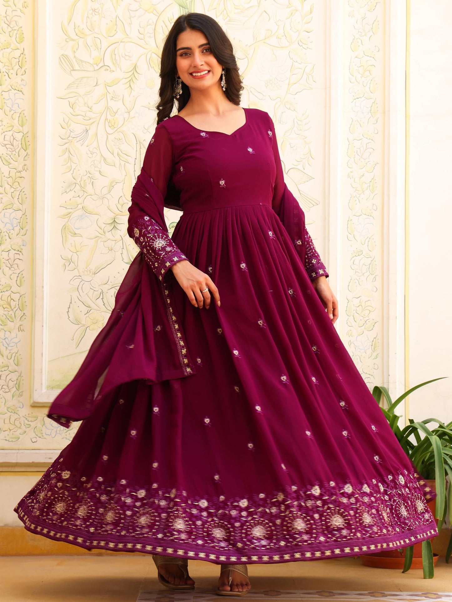 Fashion Basket Georgette Embroidered Anarkali Dress for Women Purple