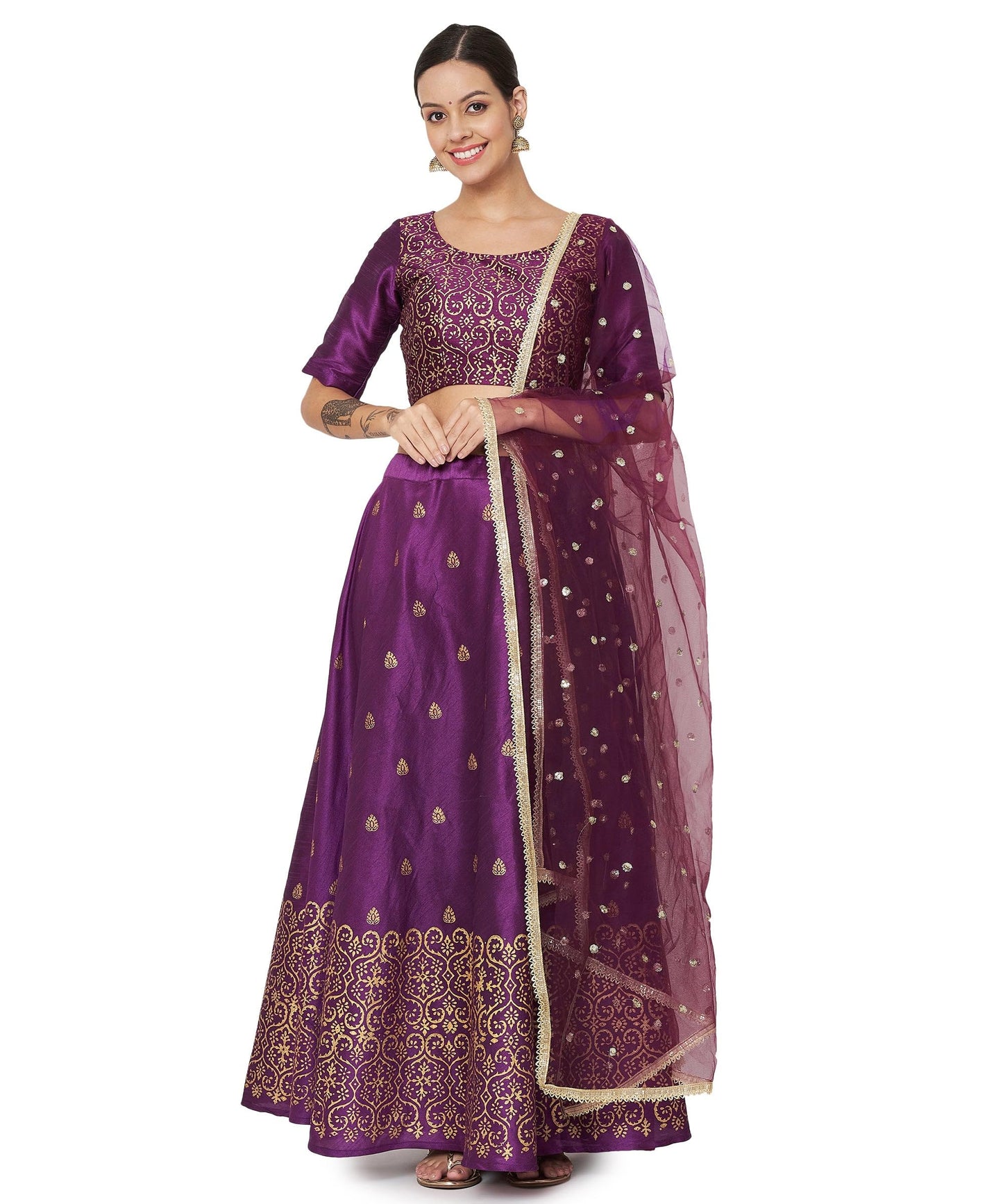 studio rasa Women's Dupion Hand Block Printed Bias Lehenga Set for Wedding Festive Party (LHSC52403XL_Purple_X-Large)