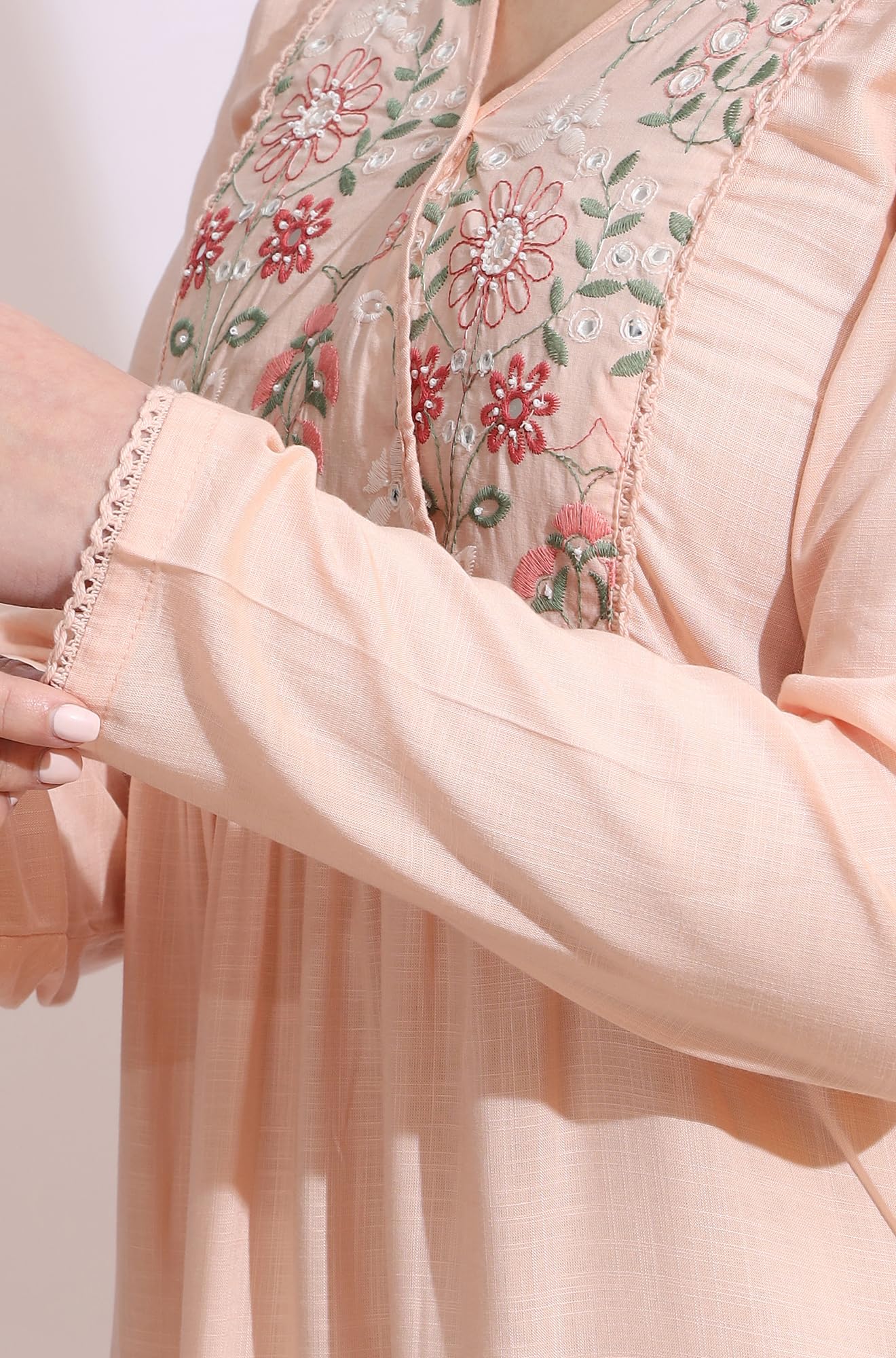 W for Woman Pastel Pink Thread Embroidered Gathered Swiss Dot Ethnic Top (Size: XS)-W31259-223088