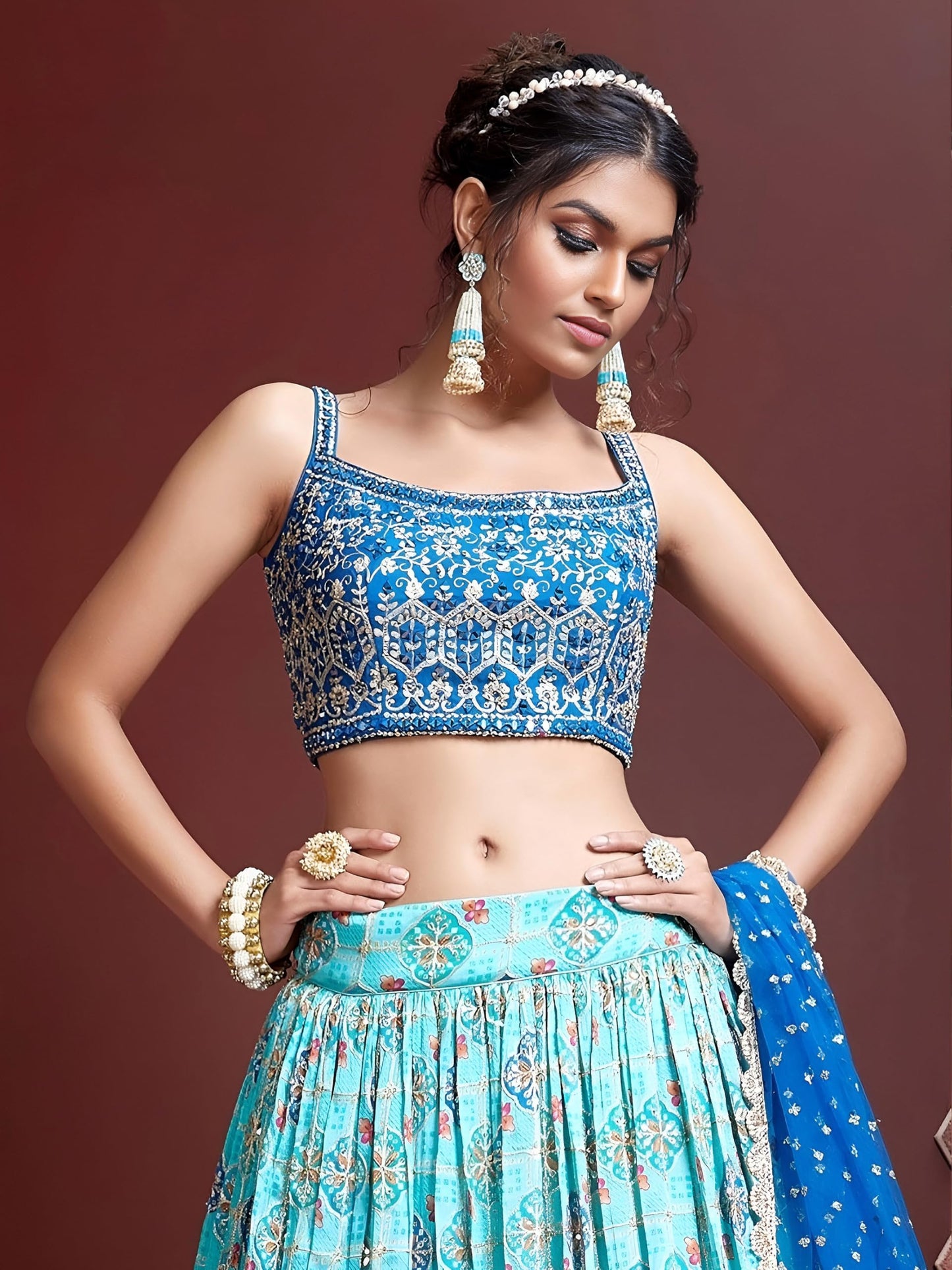 Zeel Clothing Women's Silk Embroidered Semi-Stitched Lehenga Choli with Dupatta (109-SKyBlue-Wedding-Bridal-Latest-Lehenga; Free Size)