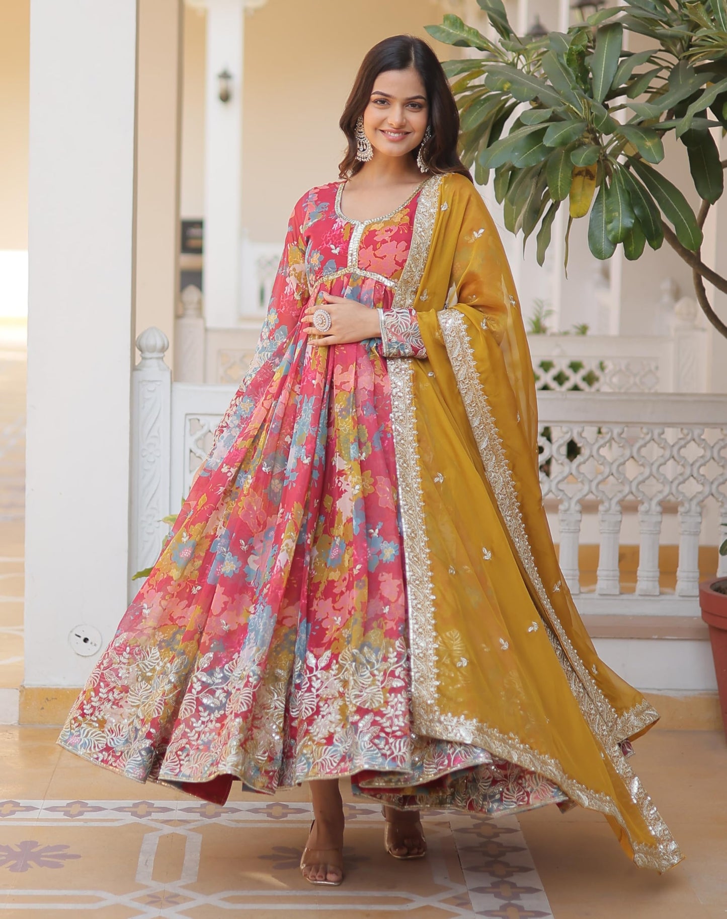 Fashion Basket Women's Pink Georgette Anarkali Kurta Set (Medium, Pink)