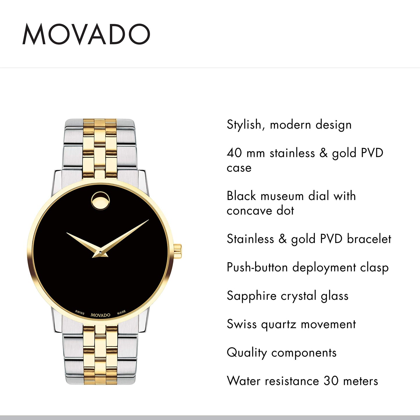 Movado Men's Museum Two Tone Watch with a Concave Dot Museum Dial, Gold/Silver/Black (Model 607200)