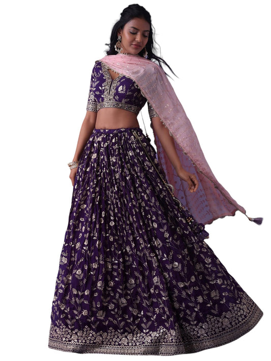 Zeel Clothing Women's Sequins Zari Dori Embroidered Georgette Semi-Stitched Lehenga Choli With Dupatta (5099-Purple-Womens-Lehenga-Choli-Latest, Free Size)