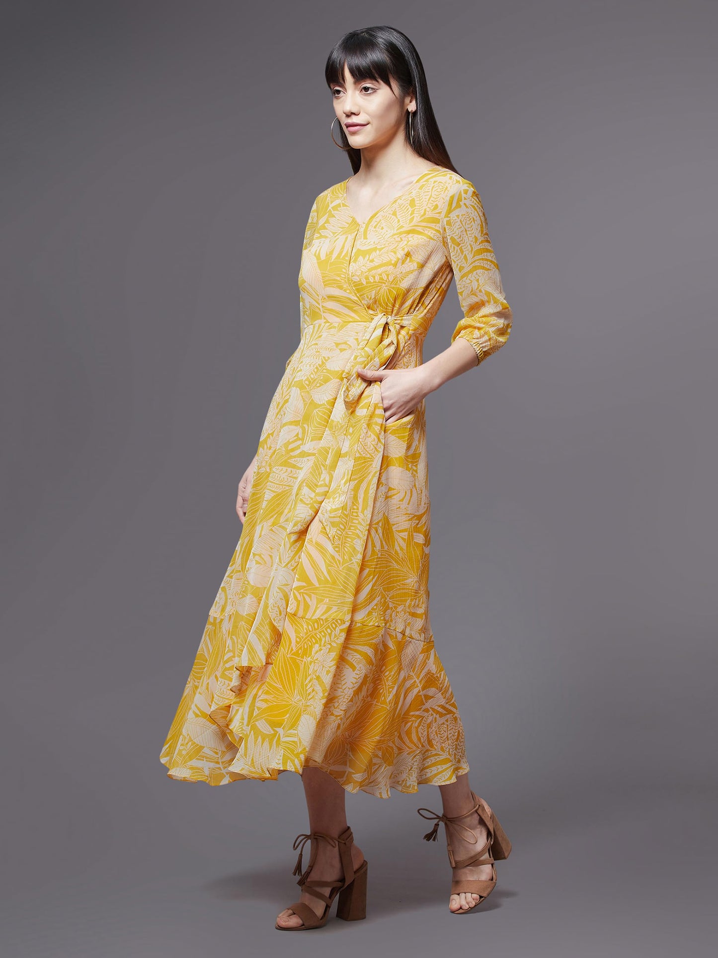 Miss Chase Women's Yellow & White V Neck Full Sleeve Floral Layered Maxi Dress (MCAW21D14-94-37-02, Yellow & White, XS)