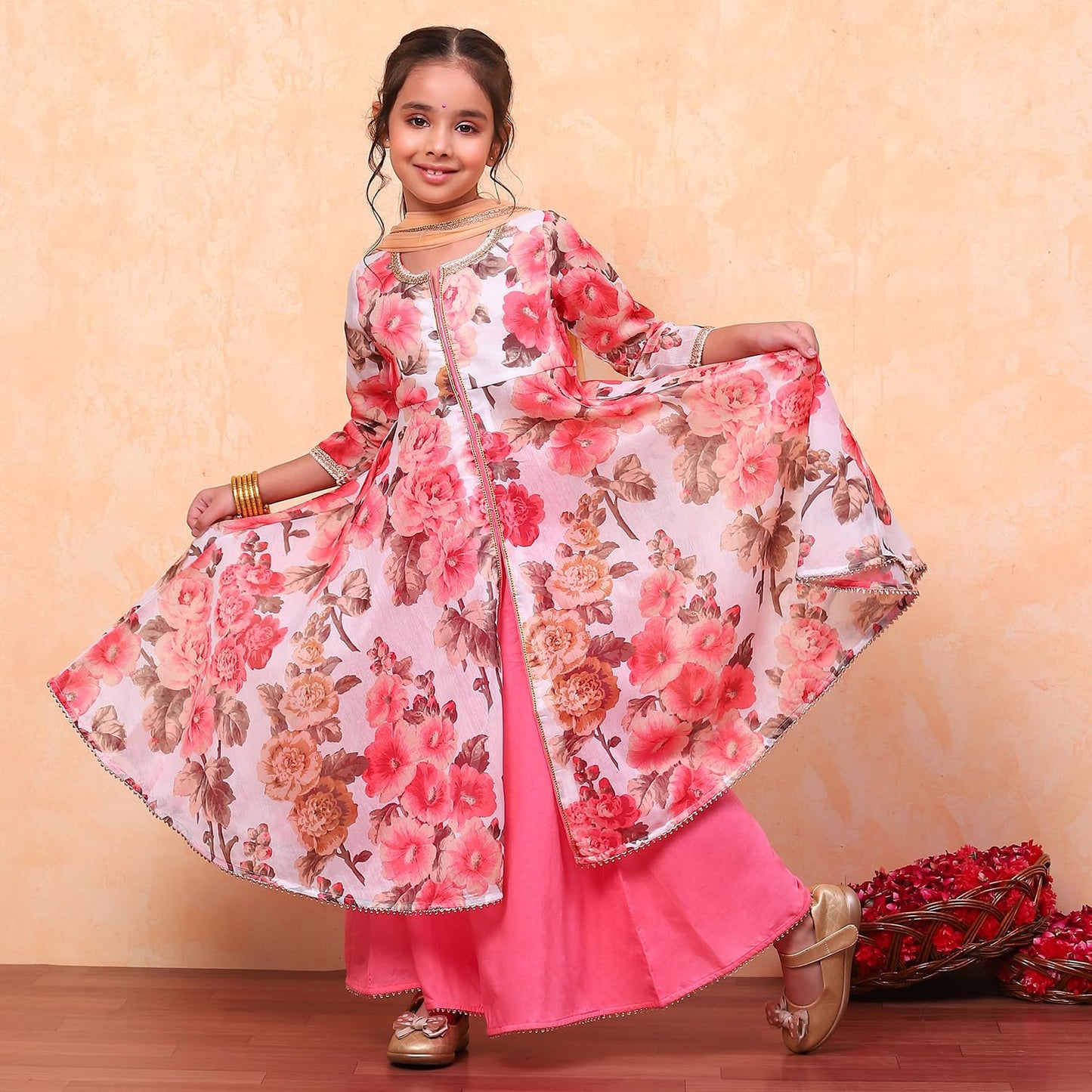 Biba Girls White Flared Poly Modal Printed Kurta suit set