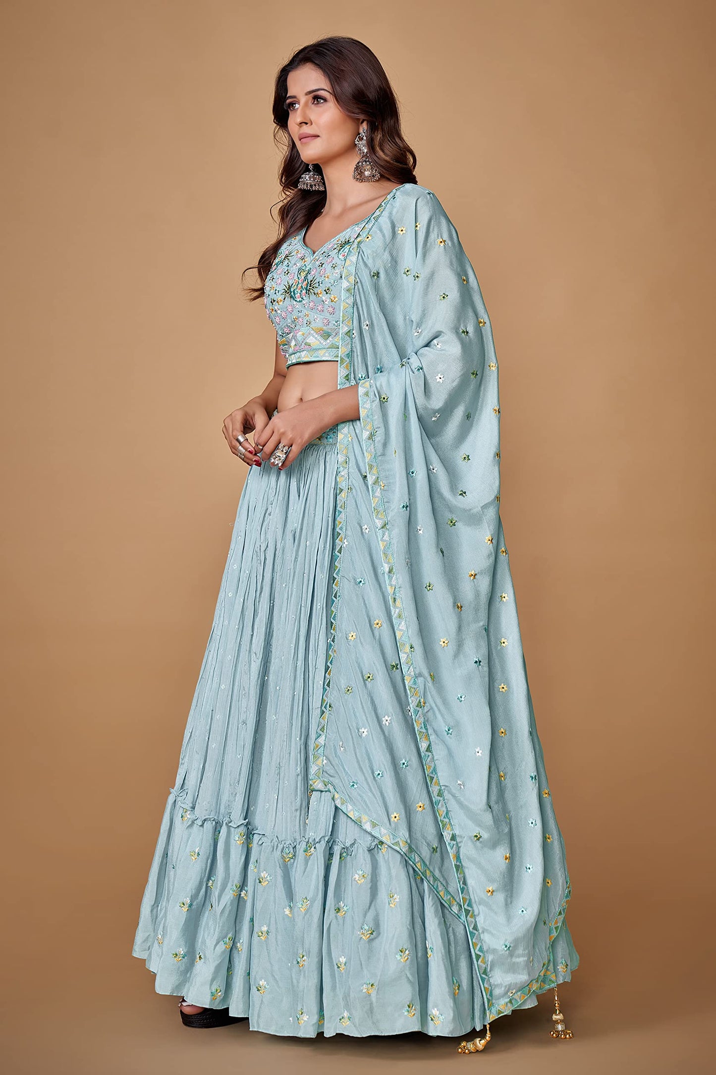 FUSIONIC Sequins With Pearl Powder Blue Ruffle Lehenga