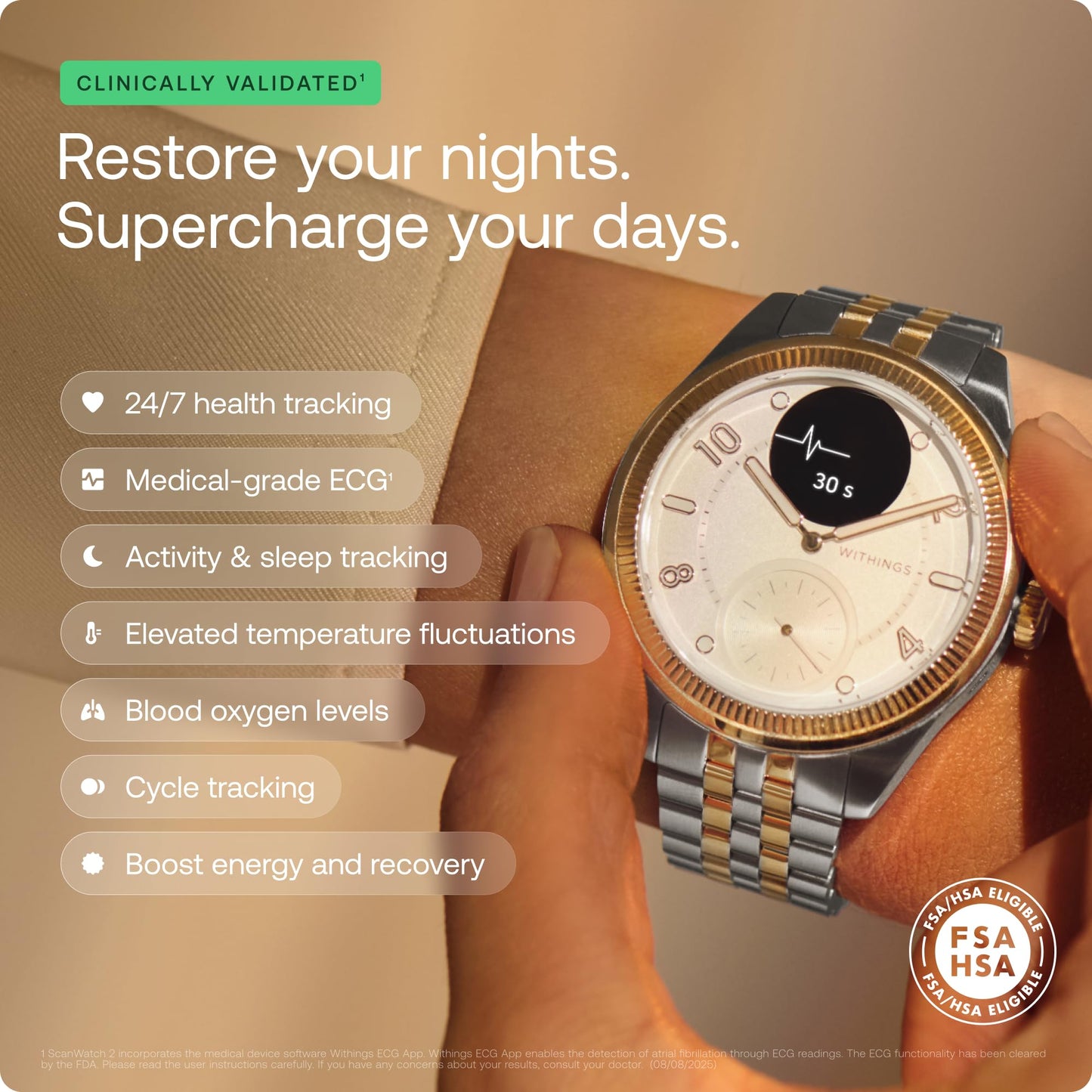 Withings ScanWatch Nova Brilliant, Heart Health Hybrid Unisex Smartwatch- ECG, SPO2, Temperature Monitoring, Sleep, Respiratory Health, Cycle Monitoring, 30-Day Battery Life (Gold-Silver)