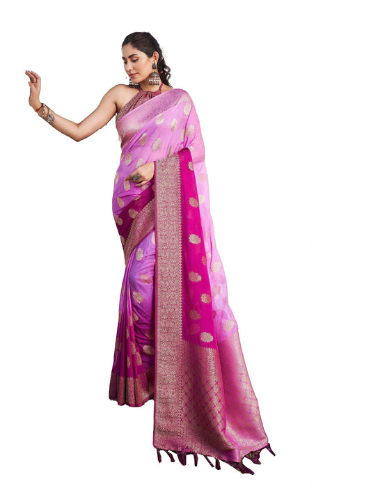 Women Banarasi Georgette Woven Work Half & Half Saree For Women With Gold Zari Border & Unstitched Blouse Piece Lilac Sari Mahika, 674