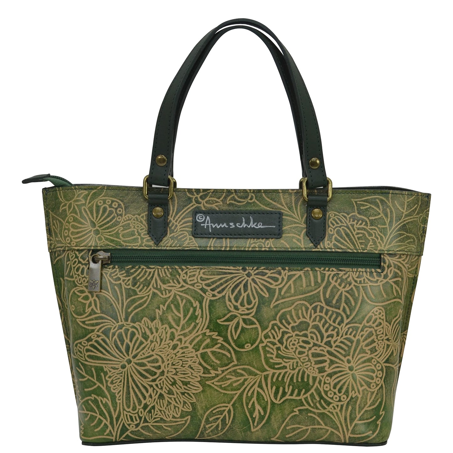 Anuschka Women's Genuine Vegetable Tanned Leather Medium Tote - Tooled Butterfly Jade