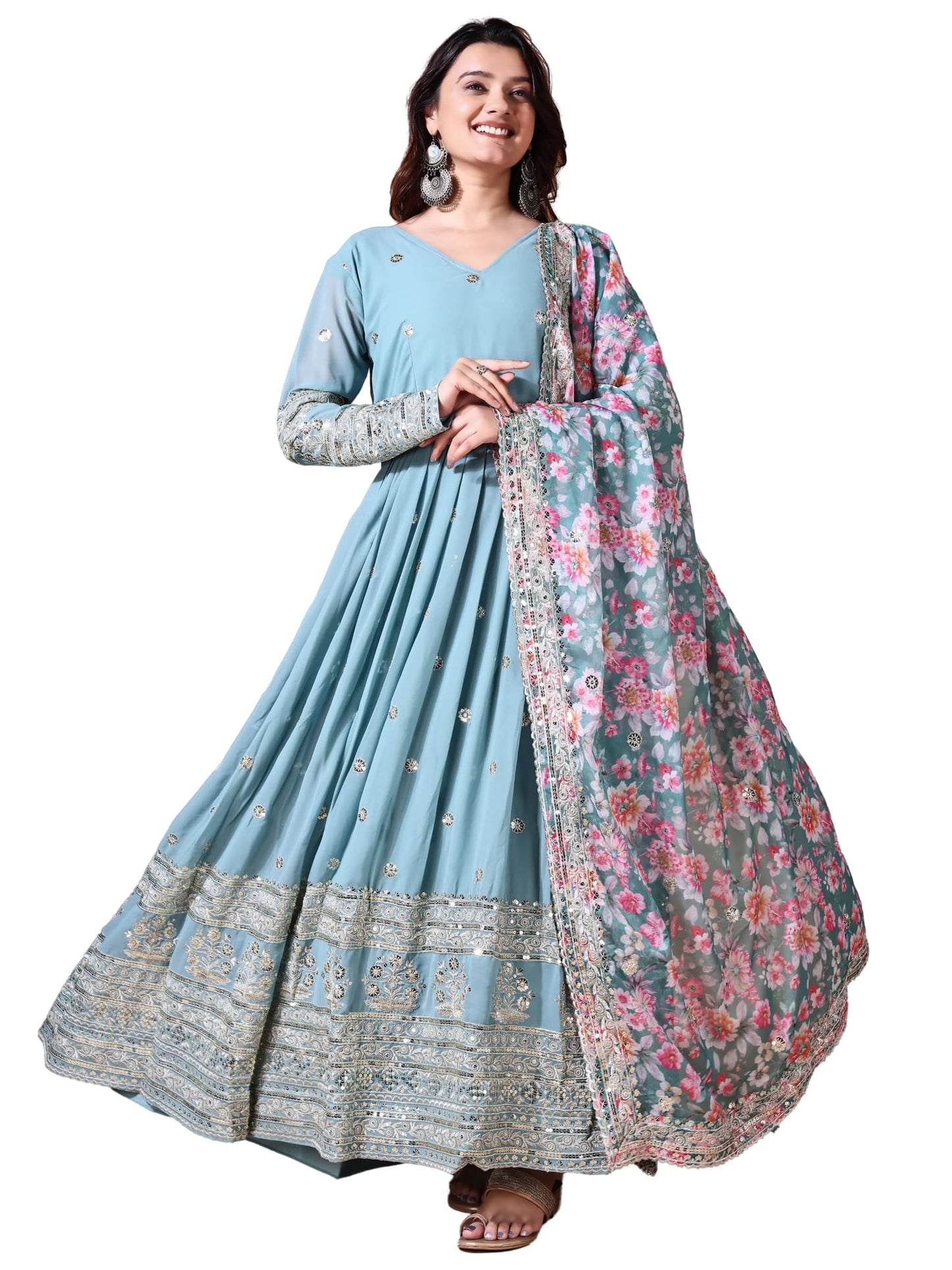 Fashion Basket Georgette Embroidered Anarkali Dress for Women (in, Alpha, 2XL, Regular, Sky Blue)