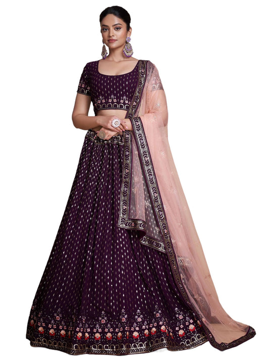 Zeel Clothing Women Sequins Thread Embroidered Georgette Semi-stitched Lehenga Choli With Dupatta (6021-Purple-Wedding-Stylish-Latest; Free Size)