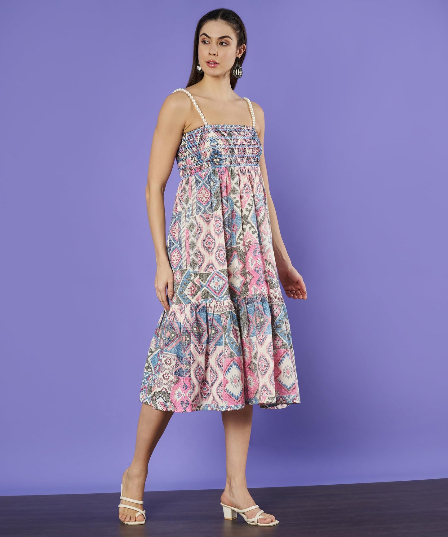 COTLAND Fashions Beaded Strap Smocked Sleeveless Cotton Dress for Women (Mystic Gleam)