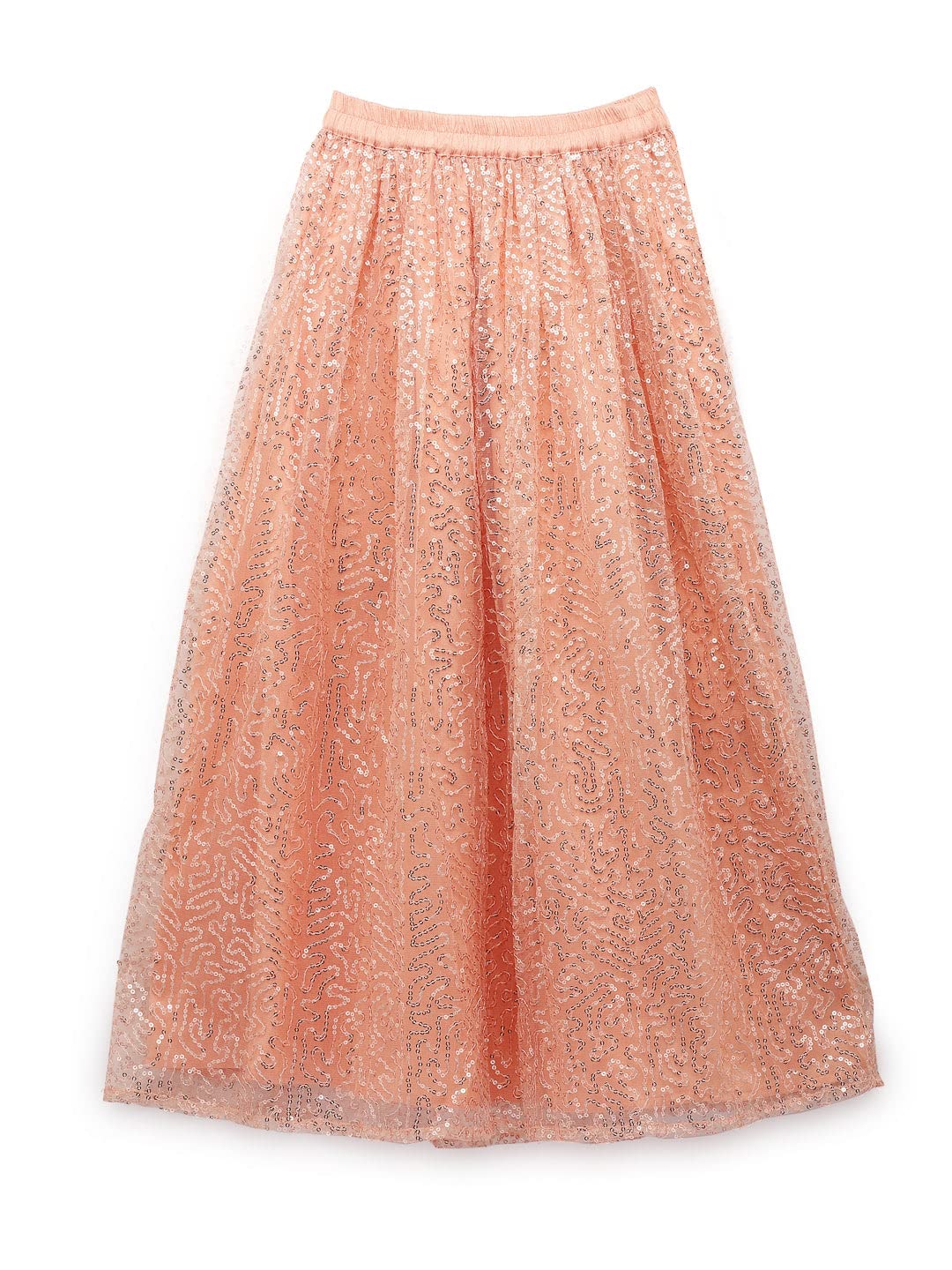 studio rasa Kids Girls Net Sequins Embroidered Gathered Skirt for Wedding Festive Party (GSC12204/3-4_Peach_3-4Y)