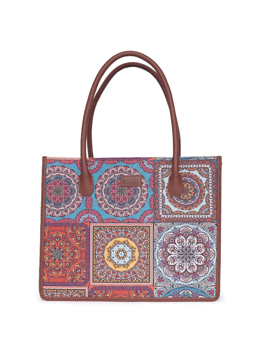 ZOUK Mandala Printed Jute Handcrafted Multicolor Women's Stylish Tote Bags | Tote Handbag| Shoulder bag with double handle