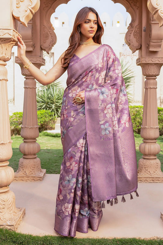 Soch Womens Lavender Tussar Floral Print Saree With Zari Woven