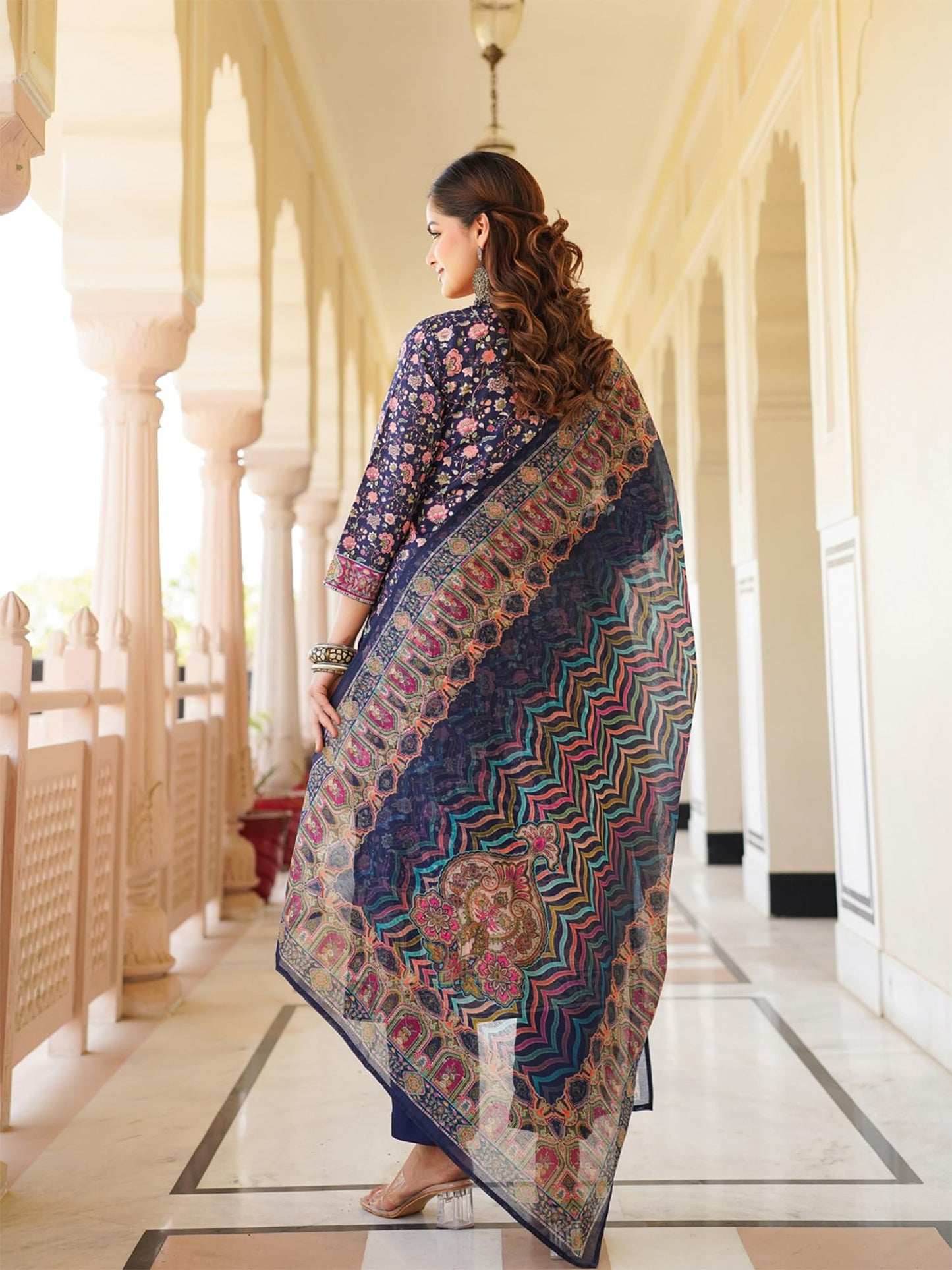 Vaamsi Women's Blue Rayon Printed Straight Kurta Pants With Dupatta Set | Festive Straight Kurta Set For Women | Printed Salwar Suit For Women (SKSKD3049, XL)