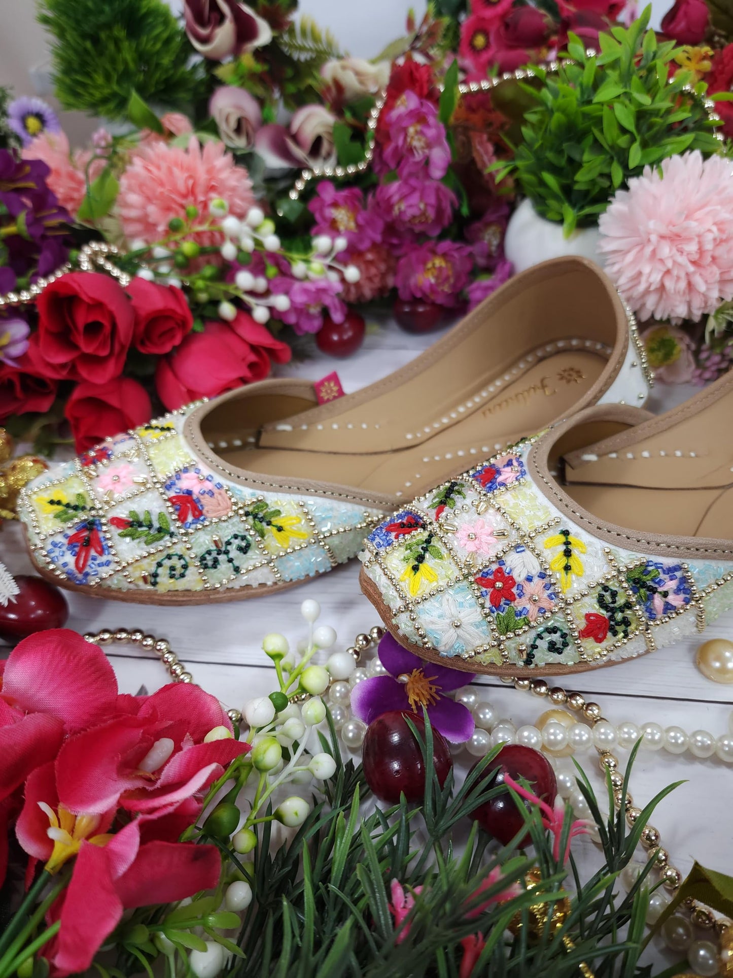 Fulkari Women Paradise Gold Multi Formal Genuine Soft Leather Jutis | Bite and Pinch Free Juttis | Punjabi Jutti | Girl's Wedding Flat Ladies Mojari Ethnic Juti |