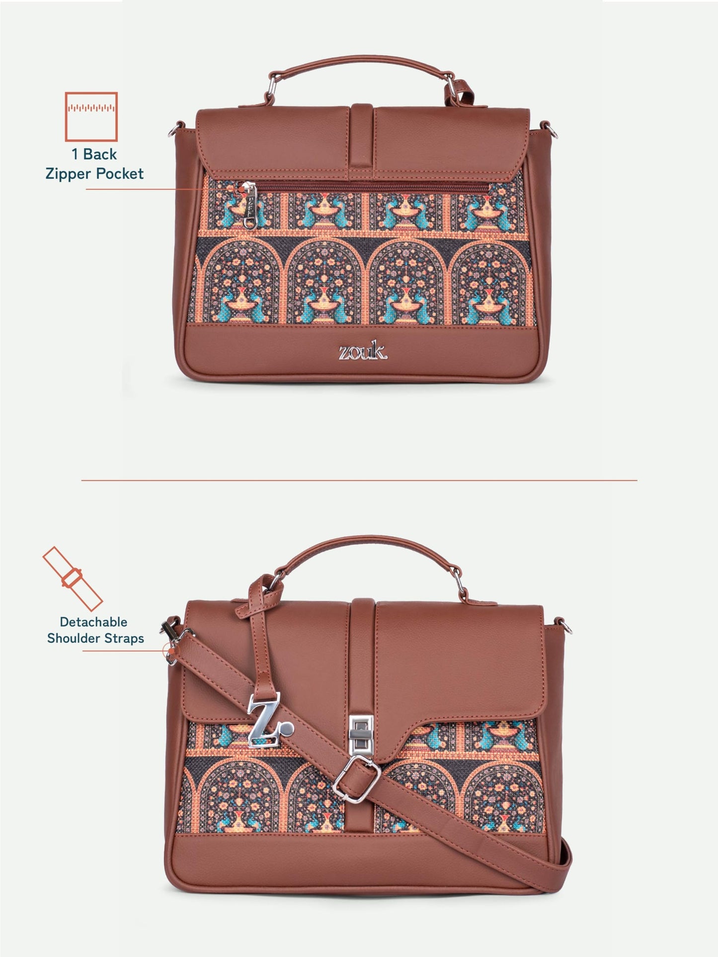 ZOUK | Royal Indian Peacock Motif Women's Vegan Leather Nessa Satchel | Kriti Sanon Collection | Stylish Handbag with Adjustable Strap, Top Handle | Motif