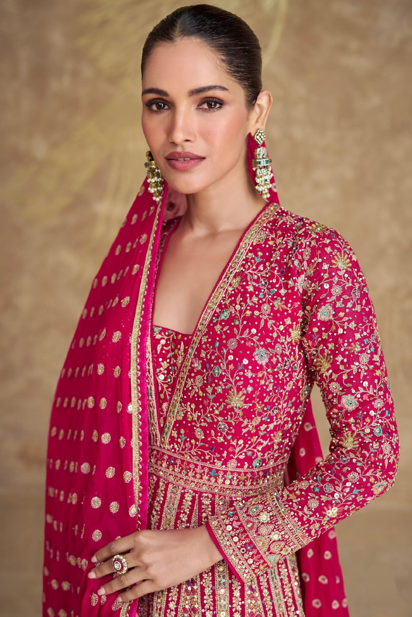 Miss Ethnik Women's Pink Chinon Stitched Gown With Dupatta Full Sleeve Embroidered Anarkali Gown (ME-1275-Pink-4XL)