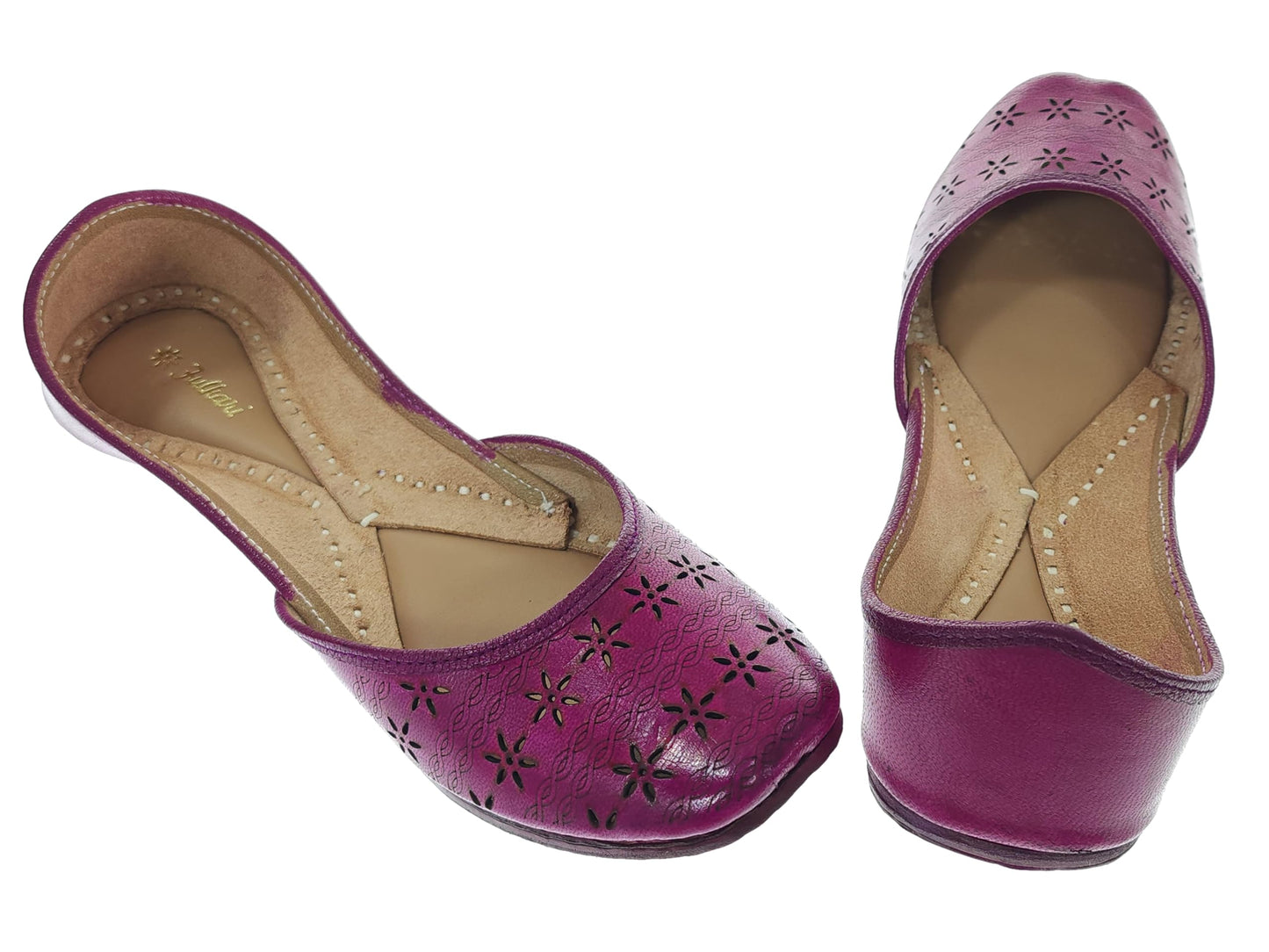 Fulkari Women Magenta Dark Cutwork Casual Genuine Soft Leather Jutis | Bite and Pinch Free Juttis | Punjabi Jutti | Girl's Office Flat Ladies Mojari | dailywear Ethnic Juti | 36