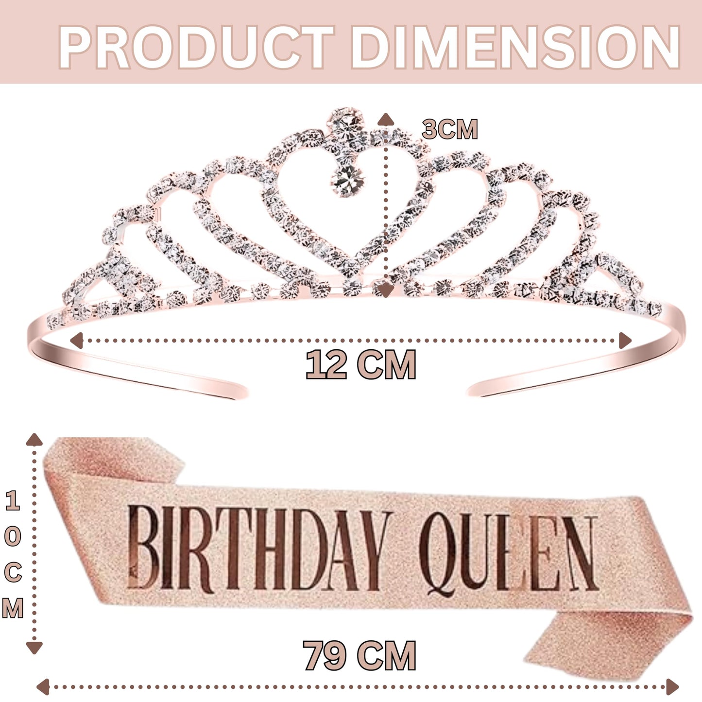 Curated Cart Stylish Birthday Sash and Crown Set - 2 Pcs | Birthday Queen Crown & Sash for Best Friend, Sister, Teenager | Perfect Gifts & Decorations - RoseGold