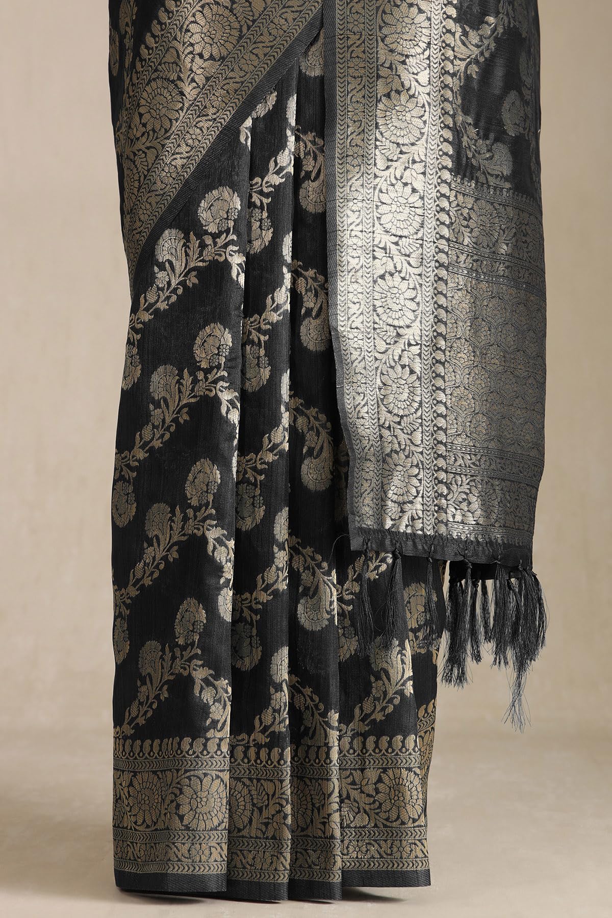 Soch Womens Black Tussar Floral Print Saree With Zari Woven