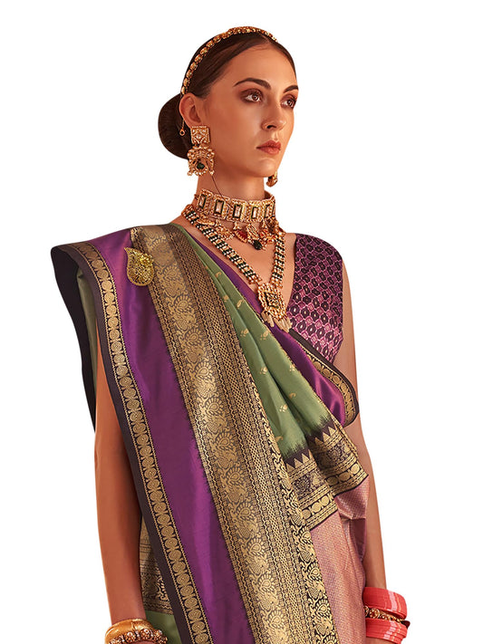 SAREE MALL Women's Woven Design Peacock Print Silk Blend Saree with Unstitched Blouse Piece (Sea Green_PRASANG767_RW)