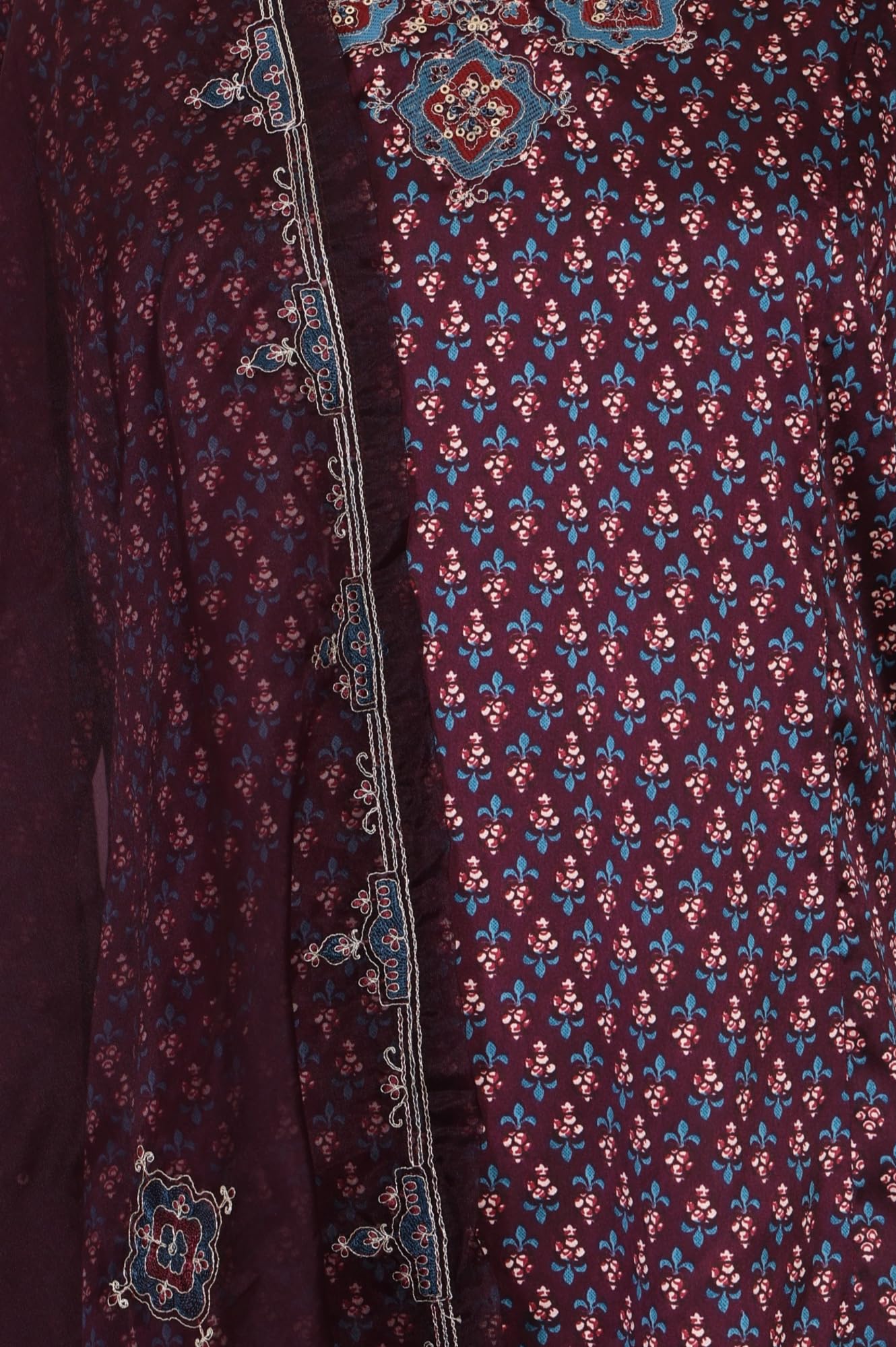 W for Woman Purple Floral Printed Embroidered Satin Straight Kurta with Pants and Dupatta Set - (WS13578-126546-XL)