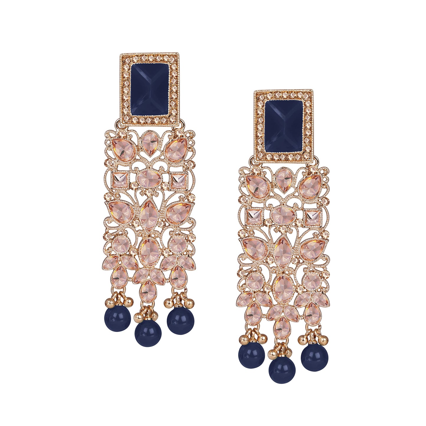 JFL - Jewellery for Less Stylish Beautiful Gold Tone LCD Polki Stone Studded with Drop Pearl Dangler Earrings for Women and Girls (Royal Blue).
