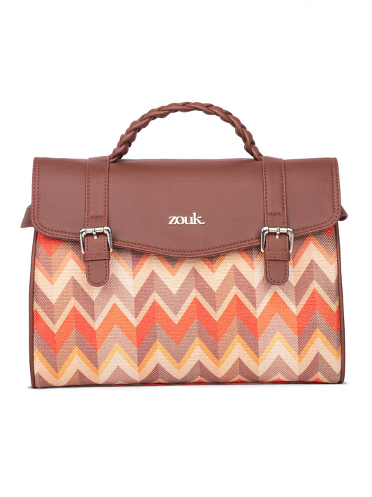 ZOUK Konkona Heritage Satchel Bag - Tidal Wave | Jute | Vegan Leather Handcrafted With Detachable Sling Strap| Orange