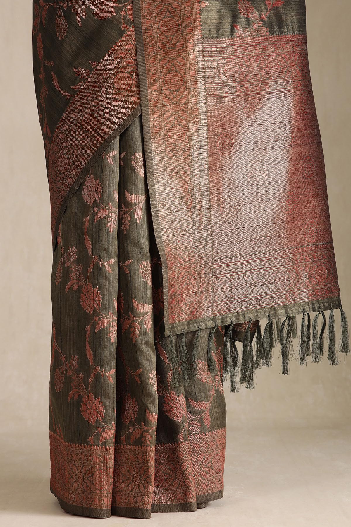 Soch Womens Olive Tussar Floral Print Saree With Zari Woven