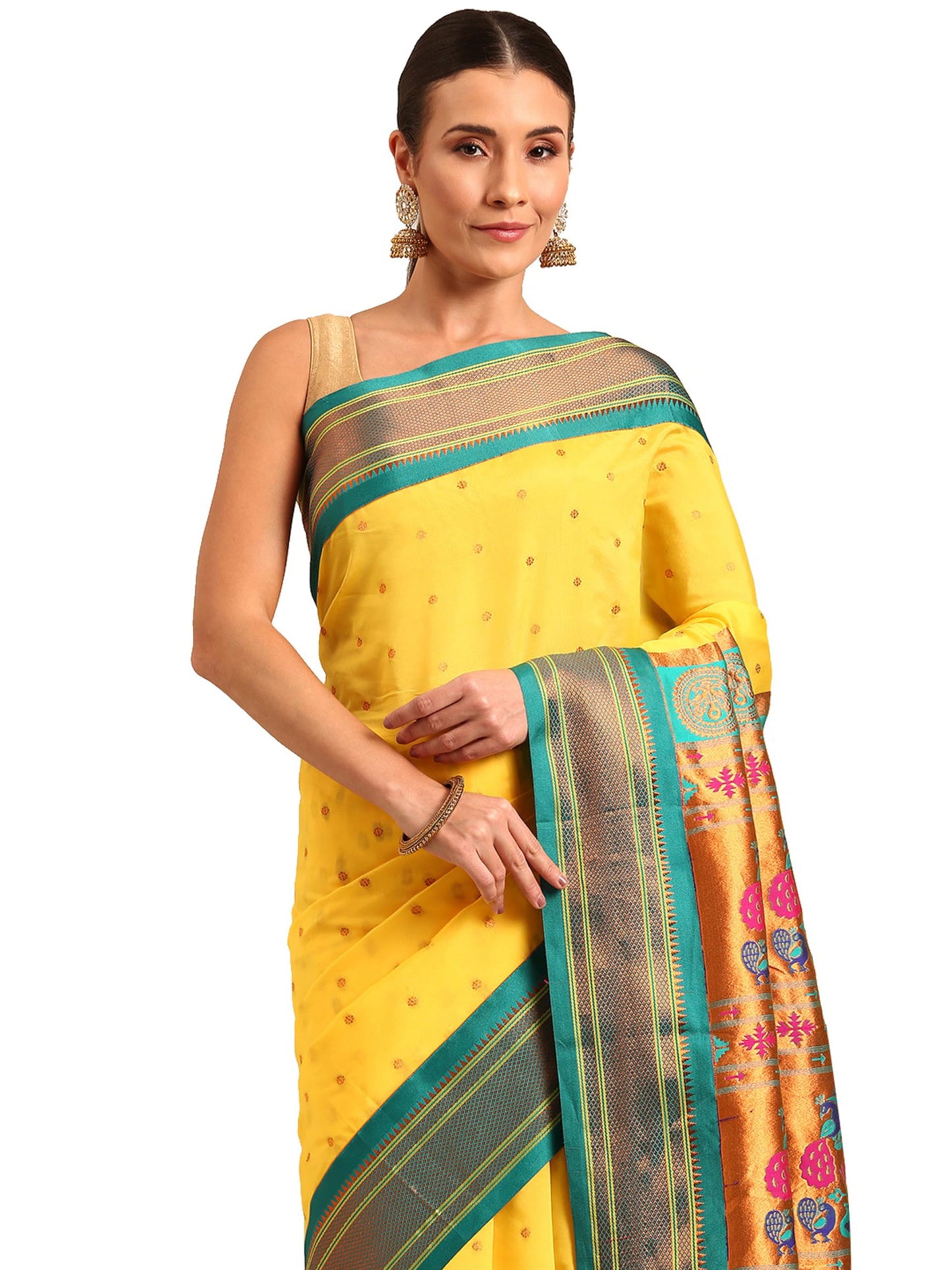 Varkala Silk Sarees Women's Kadiyal Soft Silk Maharani Paithani Saree With Blouse Piece (V241A321-COPR_Gold & Rama)