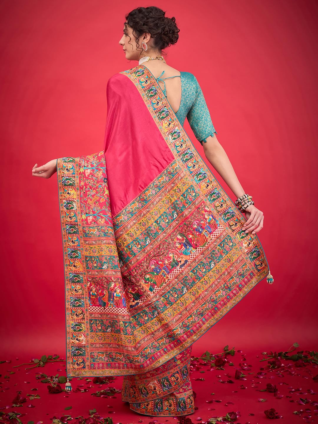 AKHILAM Women's Pink Viscose Silk Ethnic Motif Printed Saree With Unstitched Blouse Piece (MSTANI144A_HS)