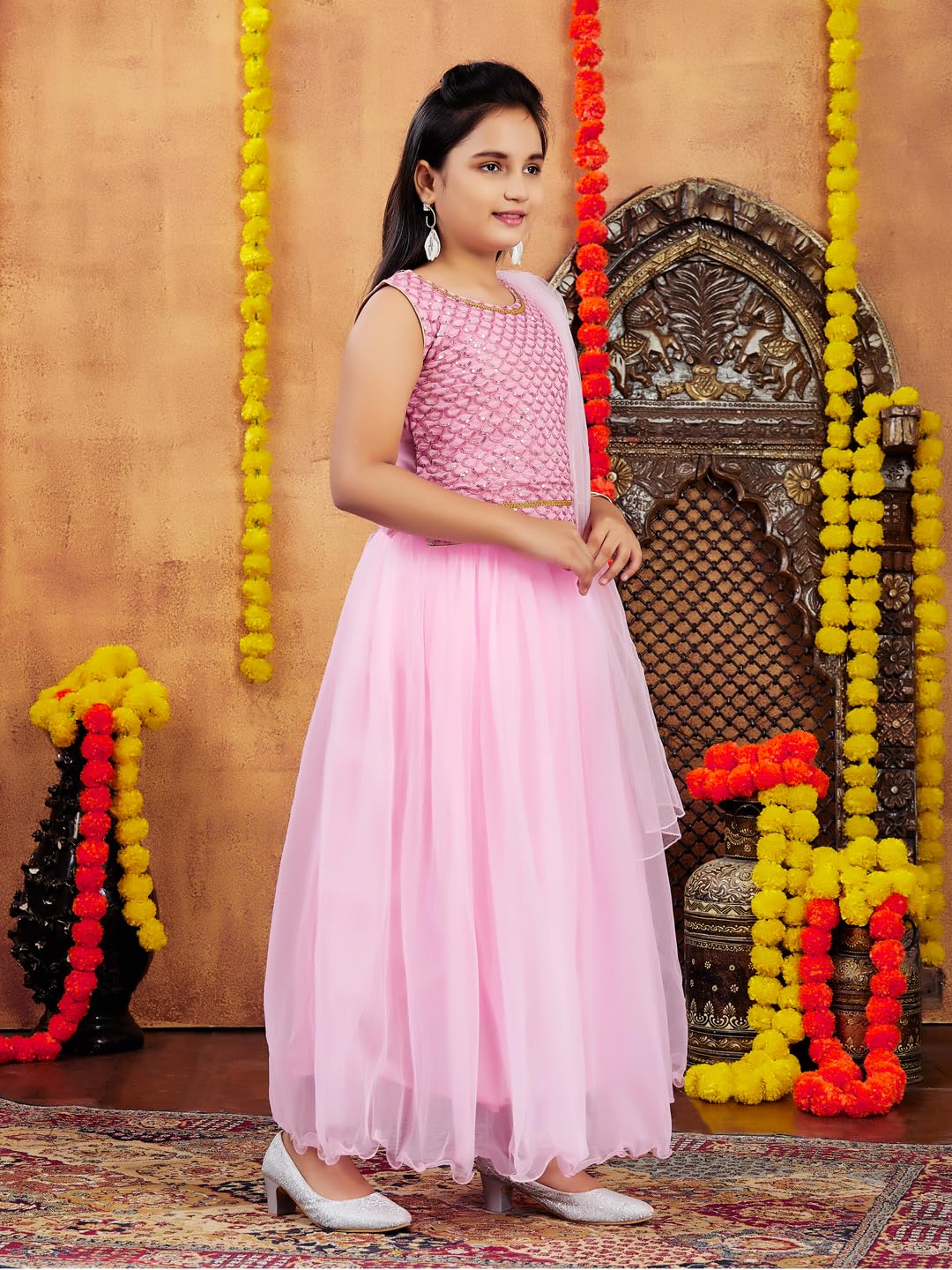 Aarika Girl's Polyester Lehenga Choli Set (LCH-18022_Pink_14-15 Years)