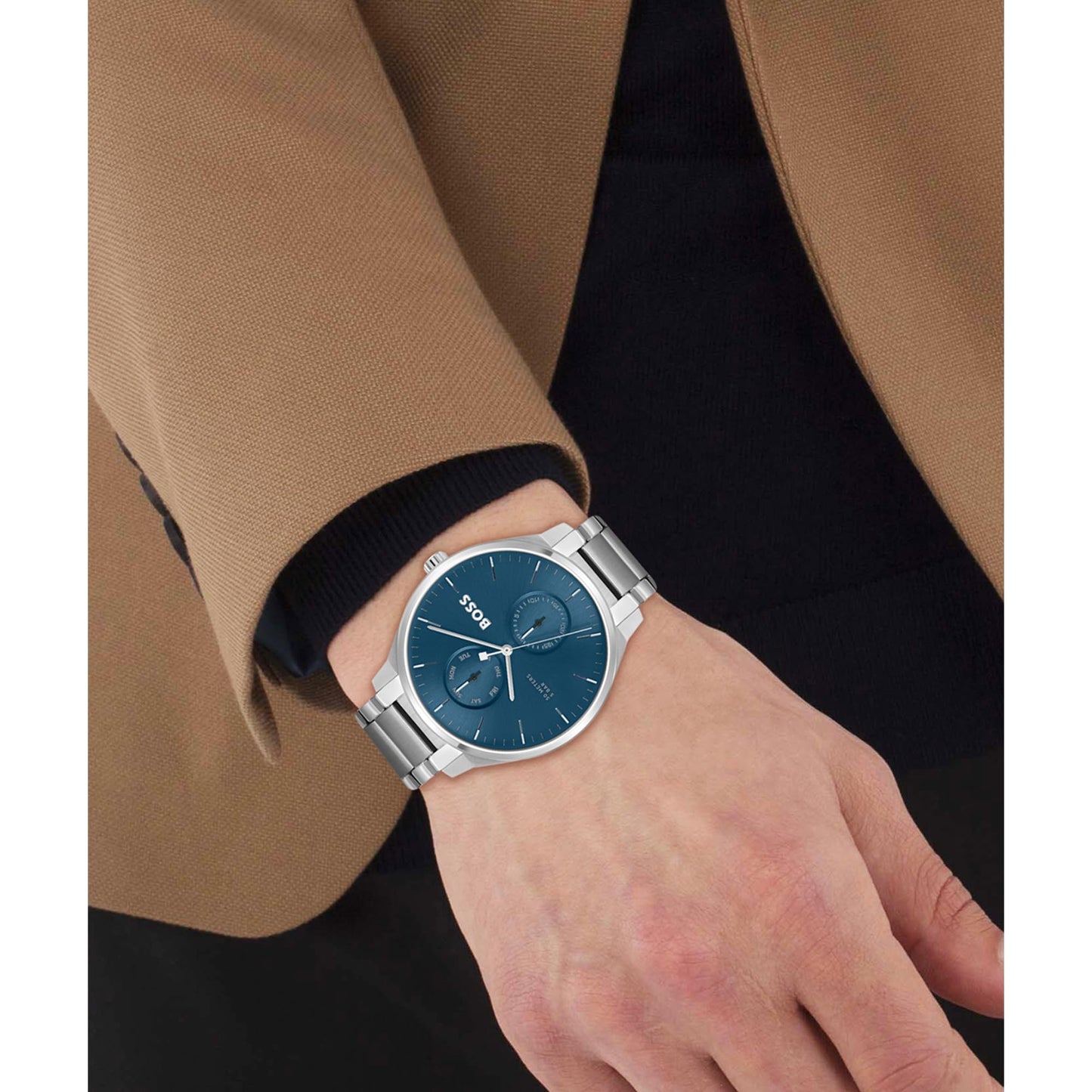 BOSS Tyler Qtz Multifunction Blue Sunray Round Dial Men's Watch|Stainless Steel Material|Silver Color Band - 1514106