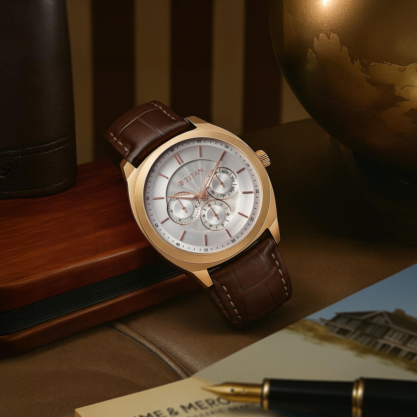 Titan Regalia Arc Analog with Day Date Second Subdial and Silver Dial Brown Leather Strap Watch for Men - 90213WL01