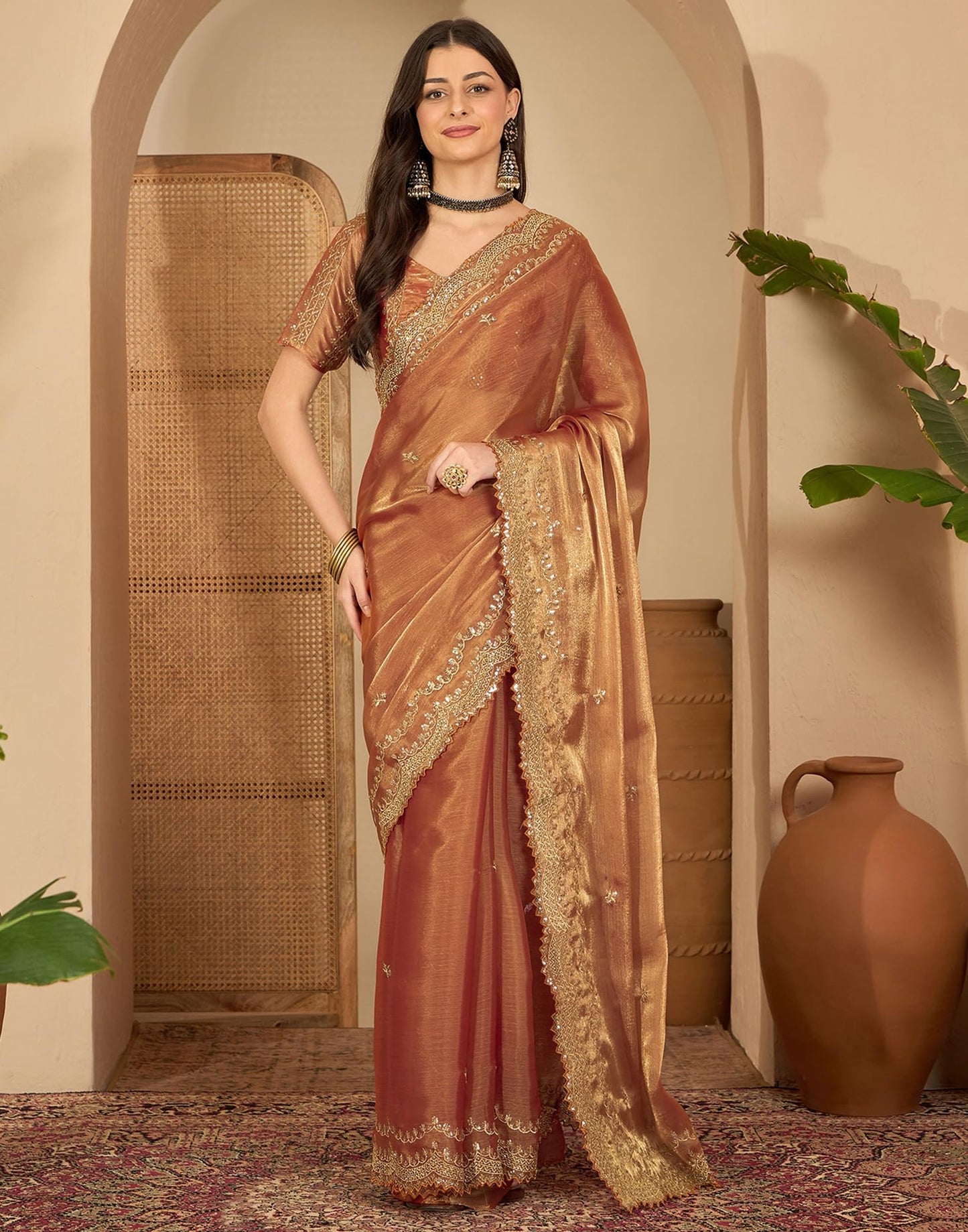 SIRIL Women's Embroidery Chiffon Saree With Unstitched Blouse Piece(4317S171_Orange)