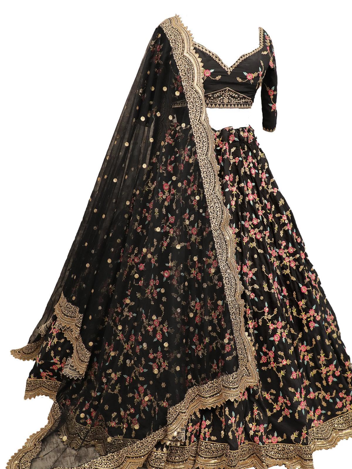 ODETTE Women Black Floral Sassy Semi Stitched Lehenga With Unstitched Blouse for the size of - Free Size
