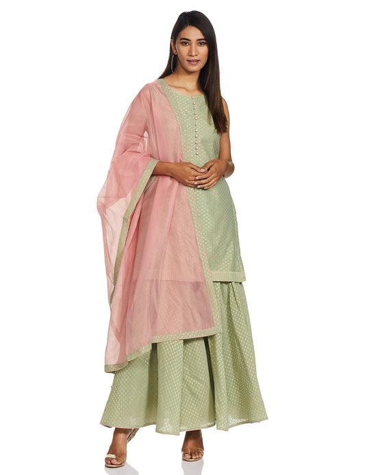 BIBA WOMEN YARNDYED SALWAR KURTA DUPATTA(SKD6420_SAP GREEN_42)