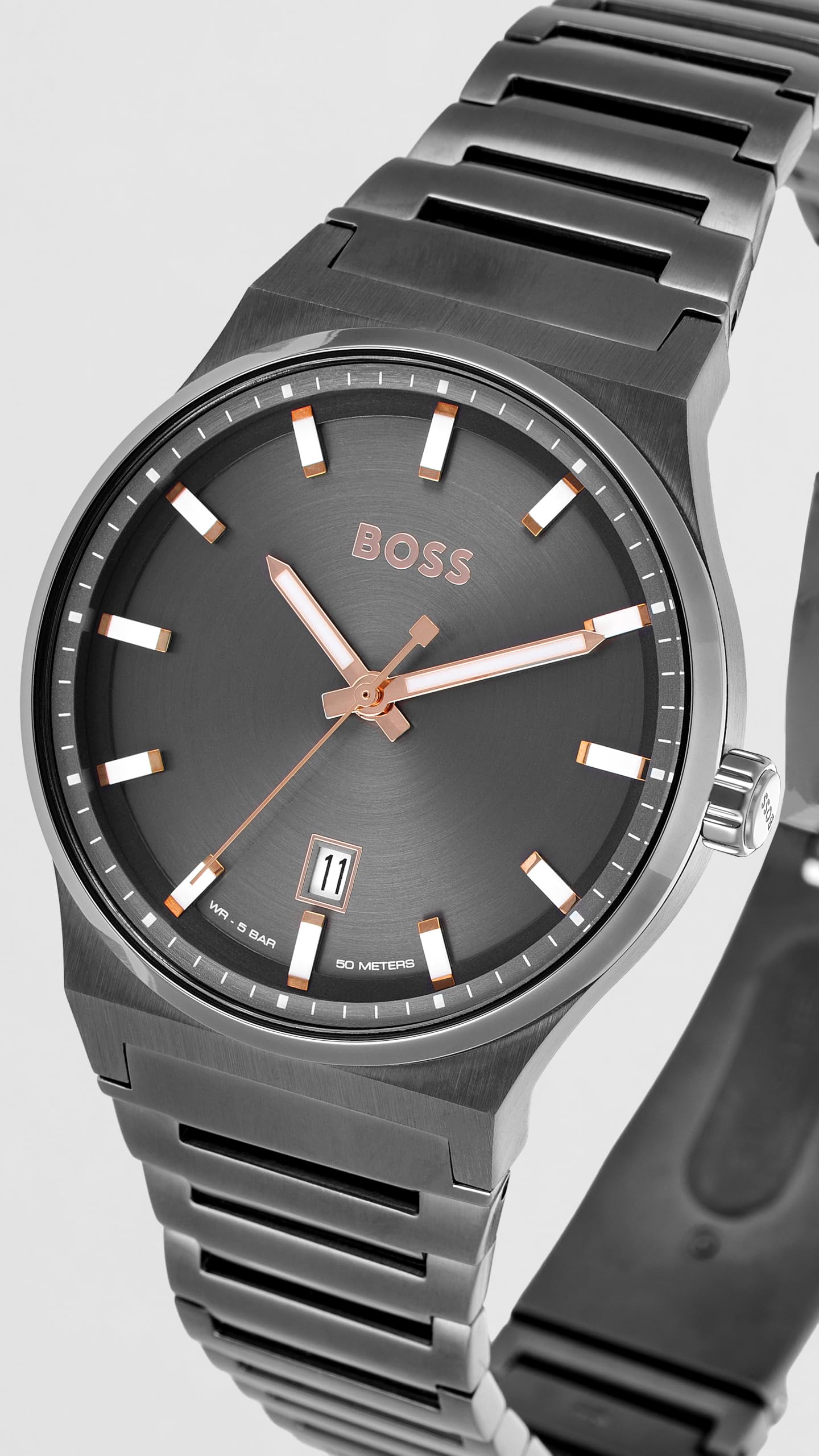 HUGO BOSS Mens Stainless Steel Analog Grey Dial Watch-1514078, Band Color:Gray