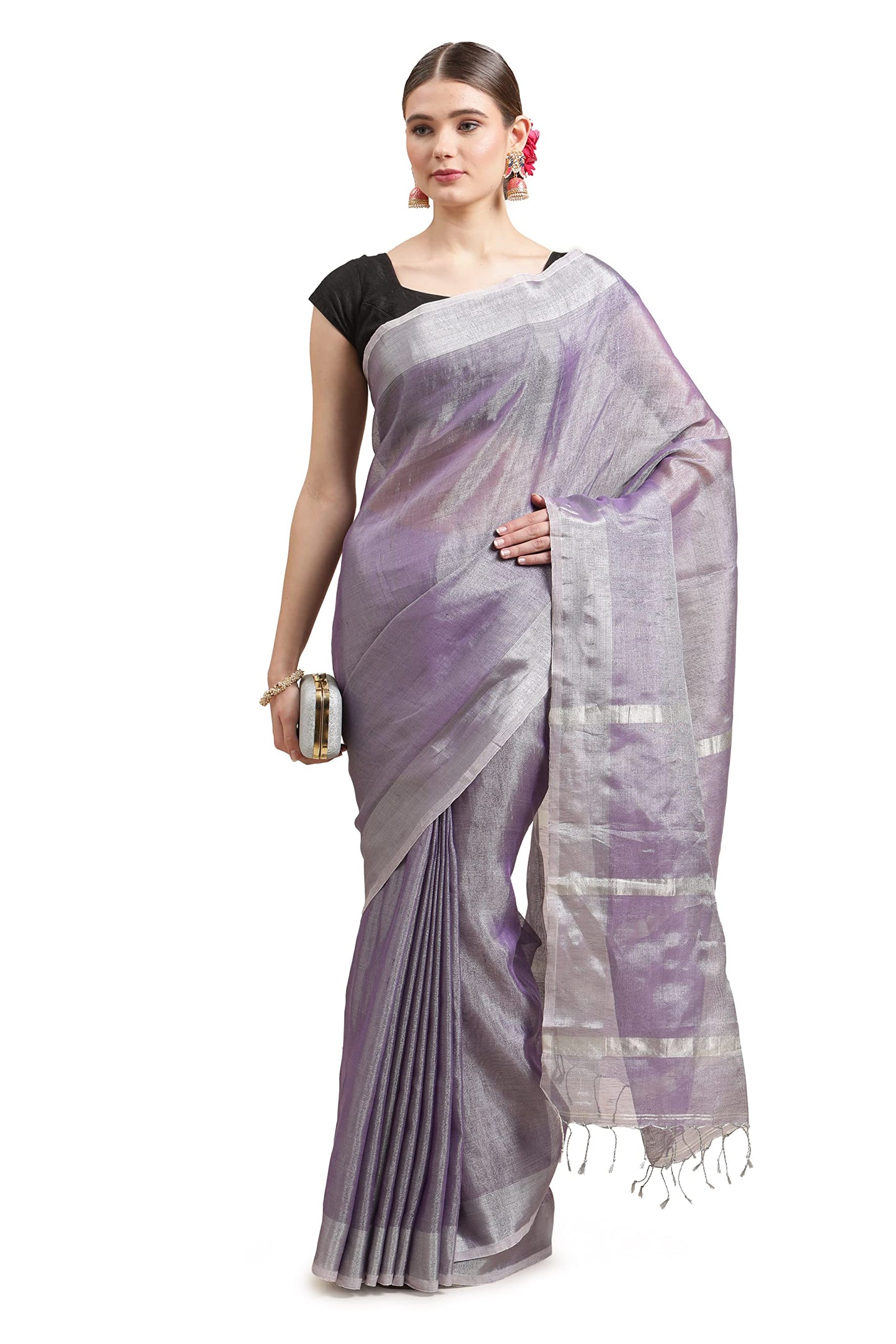 Aditri Women's Handloom Tissue Linen Saree with Running Blouse (Multicolored)