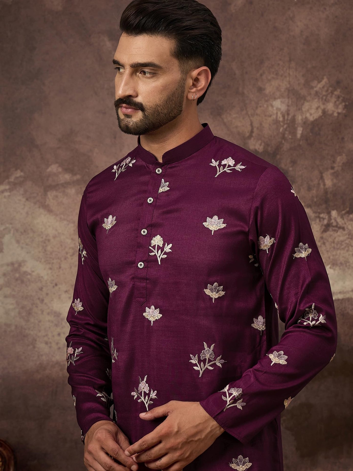 Ethnic Bay Men's Purple Silk Blend Solid Embroidered Calf Length Kurta's | Embroidered Kurta for Men | Straight Fit Kurtas for Mens (MKU1340, S)